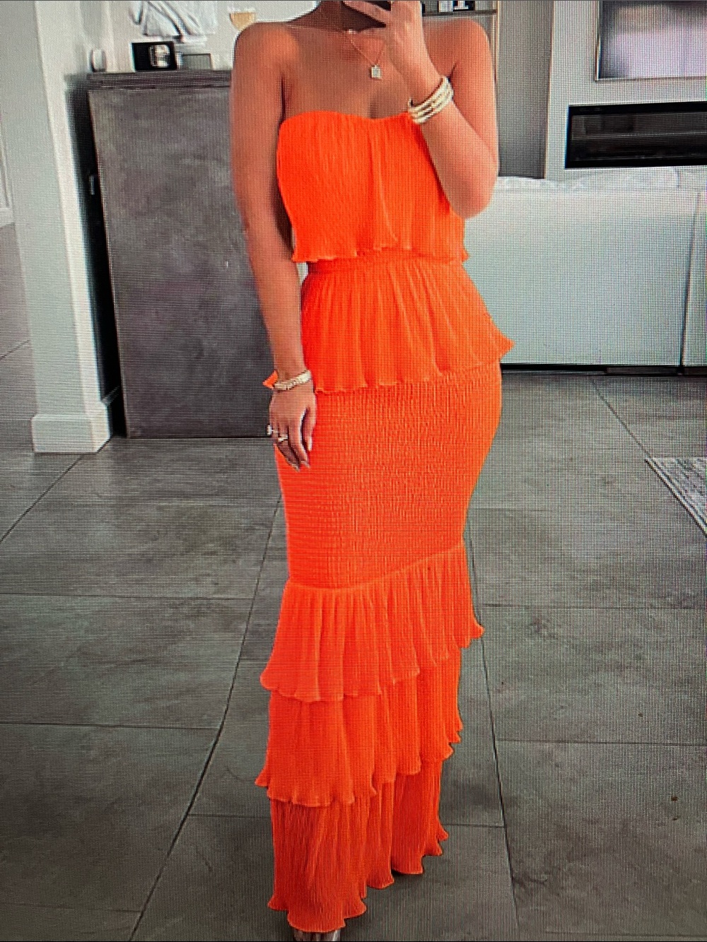 Strapless Orange Ruffled Maxi Dress